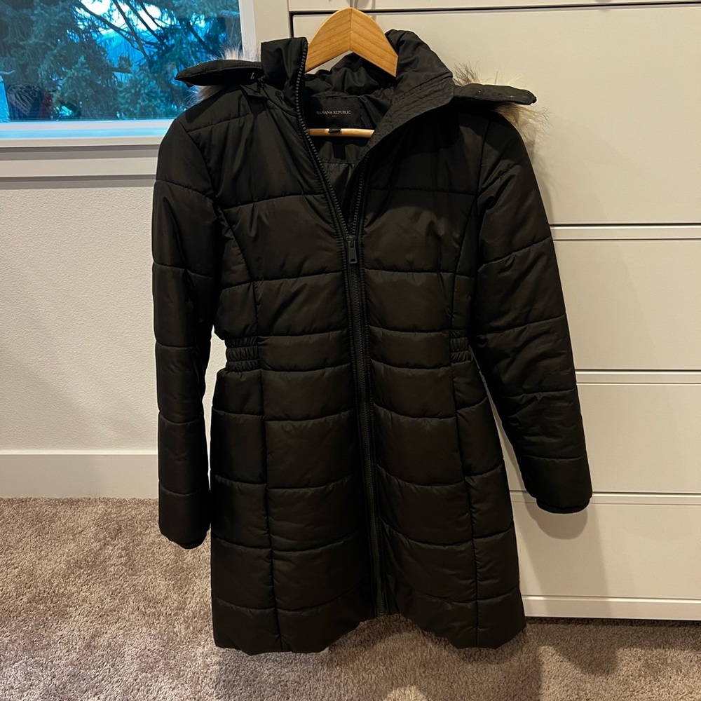 Banana Republic Black Long Puffer Coat with Hood